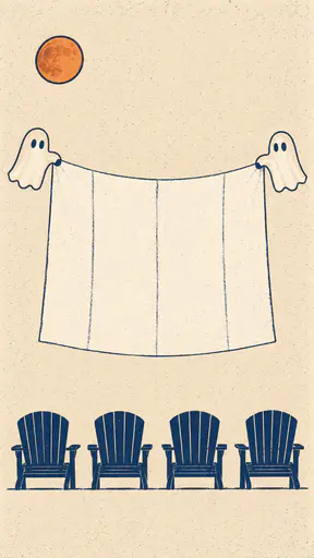 Risograph-style poster background for a halloween movie night: two small flat-ink sheet ghosts hold the top corners of a large blank cream projection sheet in the middle of the frame while four navy garden-chair silhouettes face it from the bottom edge, a small burnt-orange moon hangs high left, and the surrounding cream paper stays open for a headline, printed in burnt orange, navy and off-white on warm cream paper.