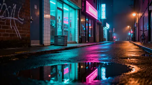 A cinematic neon alleyway after rain with dense city reflections on wet pavement, moody atmosphere and tight 16:9 framing for a night-time urban study of light and texture.