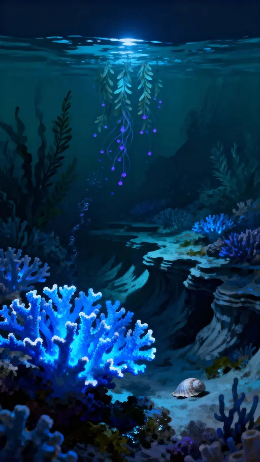 A vertical neon-blue coral reef scene at night with luminous corals and drifting plankton, framed for a 9:16 portrait crop to evoke quiet wonder and immersive depth for editorial imagery.