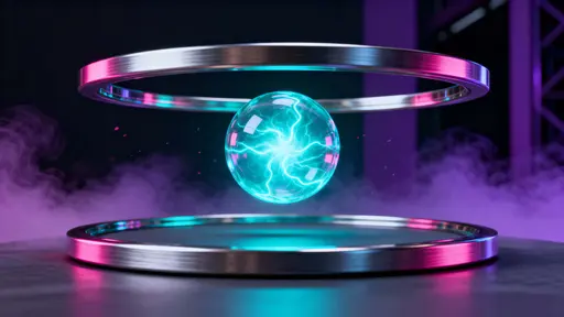 A glowing neon energy core orb floats at the center of a cinematic 16:9 frame, surrounded by suspended metallic rings and soft atmospheric haze that emphasizes depth and motion.