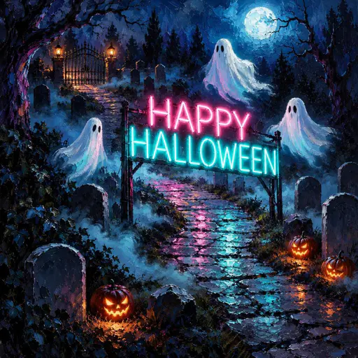 Square painted cemetery at night with pink HAPPY and turquoise HALLOWEEN neon above a curved stone path, three sheet ghosts, blank tombstones and glowing pumpkins in blue mist.