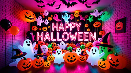 Pink neon HAPPY HALLOWEEN on a dark curtain inside a brick room filled with inflatable white ghosts, orange jack-o-lantern pumpkins, black ceiling bats, witch hats and balloons above a wooden floor.