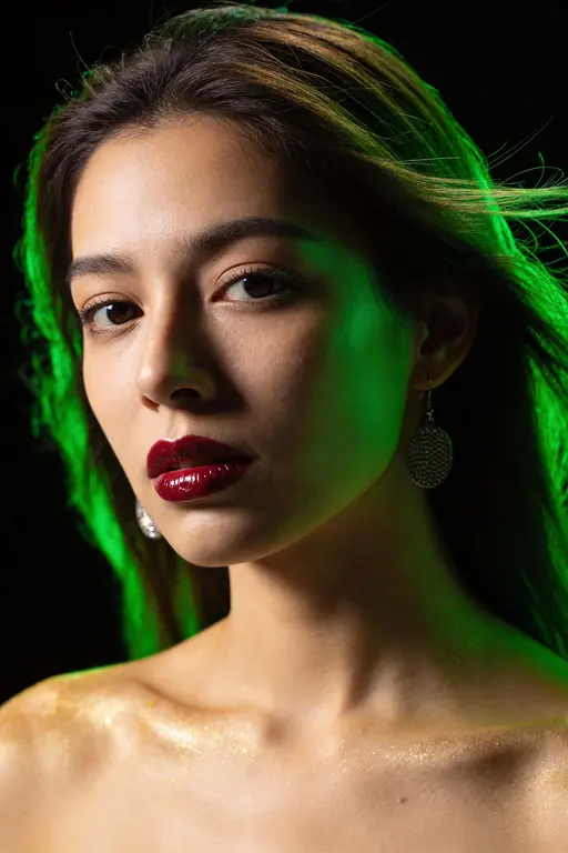 Close 2:3 portrait of a single woman lit by intense green rim light, photographic realism for wallpaper or poster use with faithful composition and crop guidance.