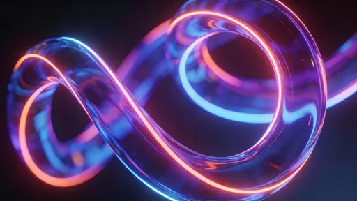 A floating abstract sculpture of glowing neon loops and intersecting rings in electric blue, purple, and warm coral against a dark gradient background with subtle inner reflections.