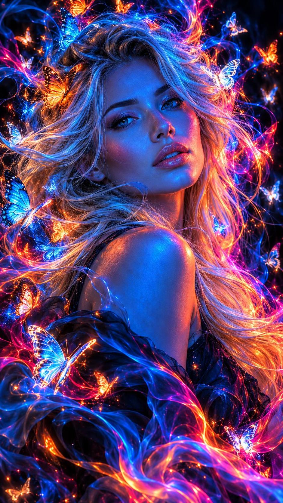 A woman with long flowing blonde hair and a calm direct gaze has glowing neon butterflies fluttering in and around her hair against a deep dark ground.