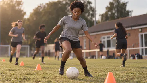 A slim young woman with a short natural afro in a grey training top and black shorts dribbles a white football between a line of orange cones on a worn grass pitch, concentrating with her tongue between her teeth, teammates running drills blurred behind her and a brick clubhouse at the pitch edge.