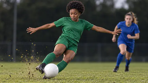 A slim young woman with a short natural afro in a plain green match shirt strikes a white football at the instant her boot meets it, leaning into the kick with arms out and grass flying up, a defender in blue kit blurred behind her on a grass pitch.