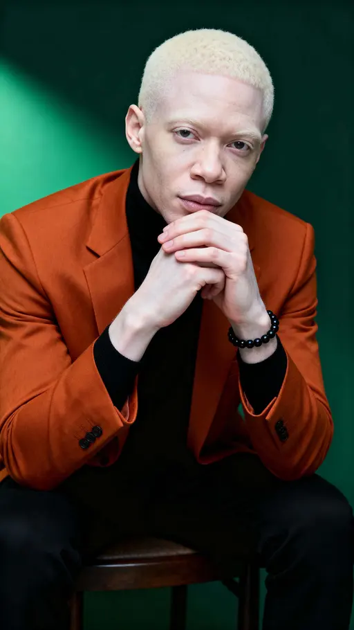 Studio portrait of a 41-year-old Nigerian man with albinism seated mid-thigh up, leaning forward with steepled hands, wearing a burnt orange blazer and black turtleneck against a deep charcoal-green background.