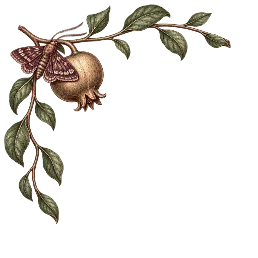 Botanical copperplate corner ornament: two bent stems carrying a hanging seed pod and a resting moth, engraved in deep aubergine ink with oxidized green and copper gouache, isolated on transparency. An elegant Halloween floral corner overlay for invitations, posters and page corners.