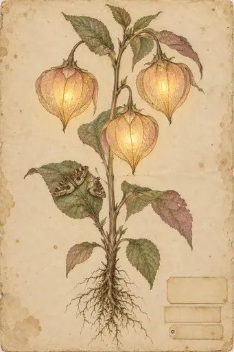 Vintage botanical plate of a fictional plant with glowing paper-lantern blooms, drawn in sepia ink on aged paper with two resting moths.