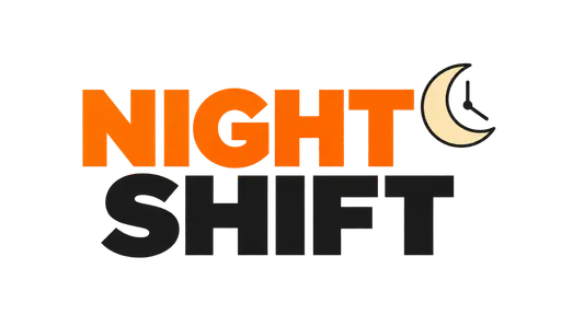 NIGHT SHIFT stacked in bold orange and charcoal capital letters with a small cream crescent moon drawn as a clock face at the upper right, isolated on a transparent background; funny Halloween shirt lettering design.