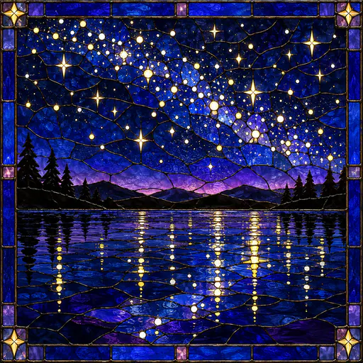 A deep blue stained glass night sky of yellow and white glass stars hangs above a still lake that mirrors them with a black shoreline and pines.