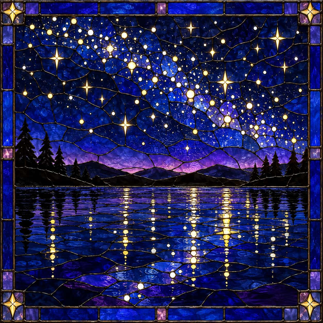 A deep blue stained glass night sky of yellow and white glass stars hangs above a still lake that mirrors them with a black shoreline and pines.