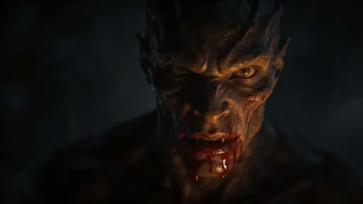 A 16:9 cinematic editorial portrait of a non-human monster in near-black haze with a blood-smeared mouth, glossy wet texture, warm amber highlights, cool charcoal shadows, subtle film grain, and an intense stare.