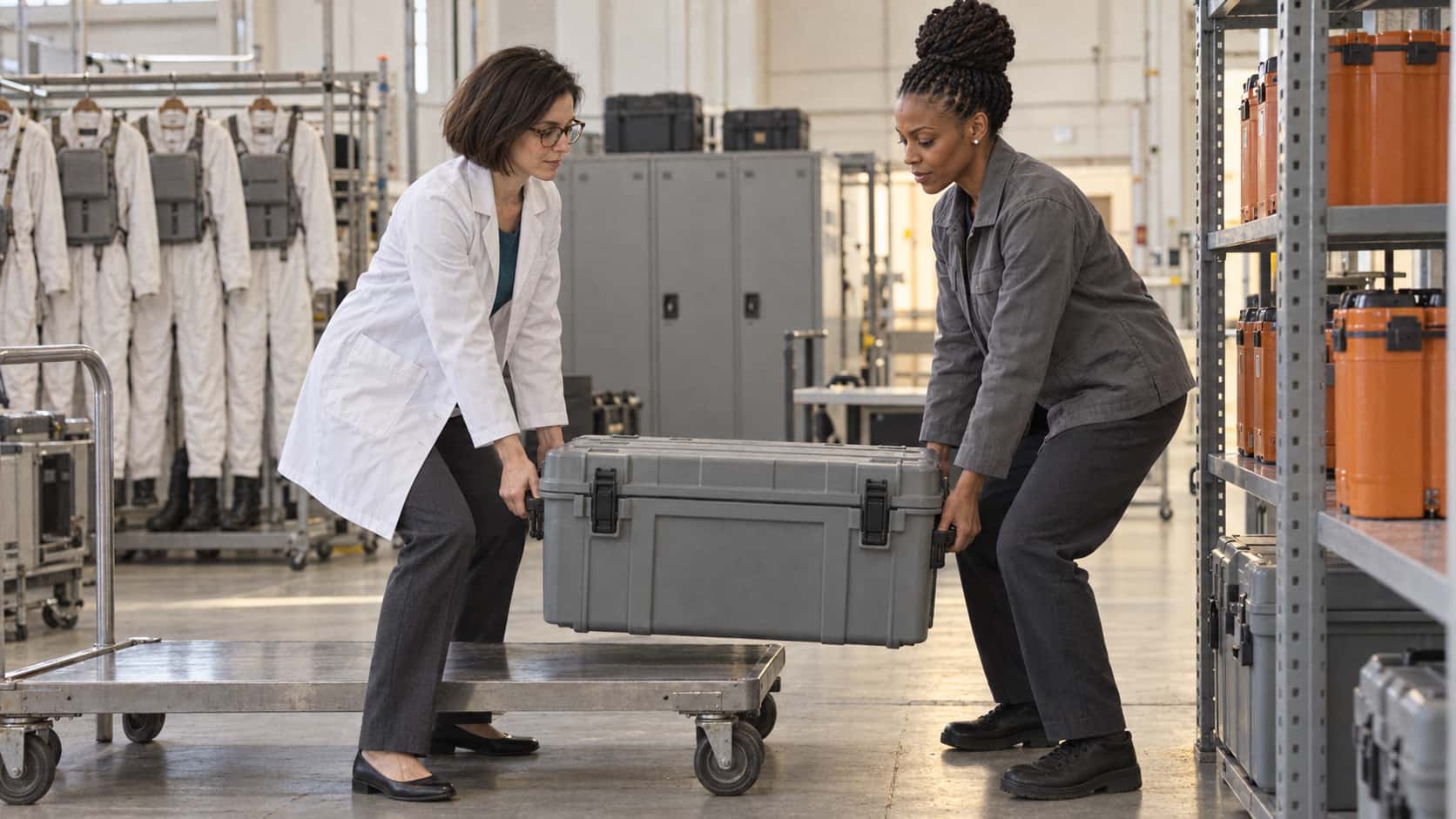 A slim woman with a dark bob and glasses in a white lab coat and a tall woman with tight twists in a grey jacket lift a sealed grey transport crate by its handles from a low steel trolley toward a loading rack with orange sample containers behind them.