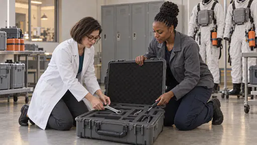 A slim woman with a dark bob and glasses in a white lab coat and a tall woman with tight twists in a grey jacket kneel on either side of an open grey equipment case fitting a wrench and other tools into foam cut-outs in warm hall light.