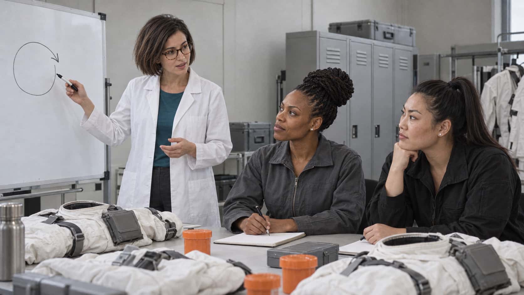 A slim woman with a dark bob and glasses in a white lab coat points to a simple circle-and-arrow pictogram on a whiteboard while a tall woman with tight twists and a broad-shouldered woman with a high ponytail listen at a plain table with orange sample containers.