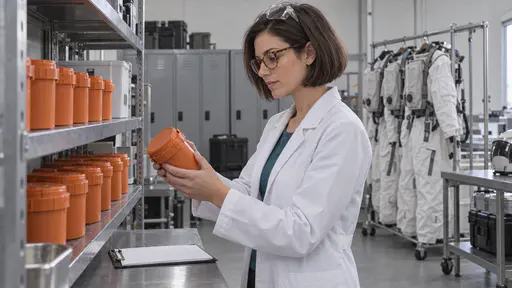 A slim woman with a sleek dark bob and round glasses in a white lab coat holds an orange sample container in both hands to inspect its seal at a steel rack of matching containers in a pale mission preparation hall in cool early light.