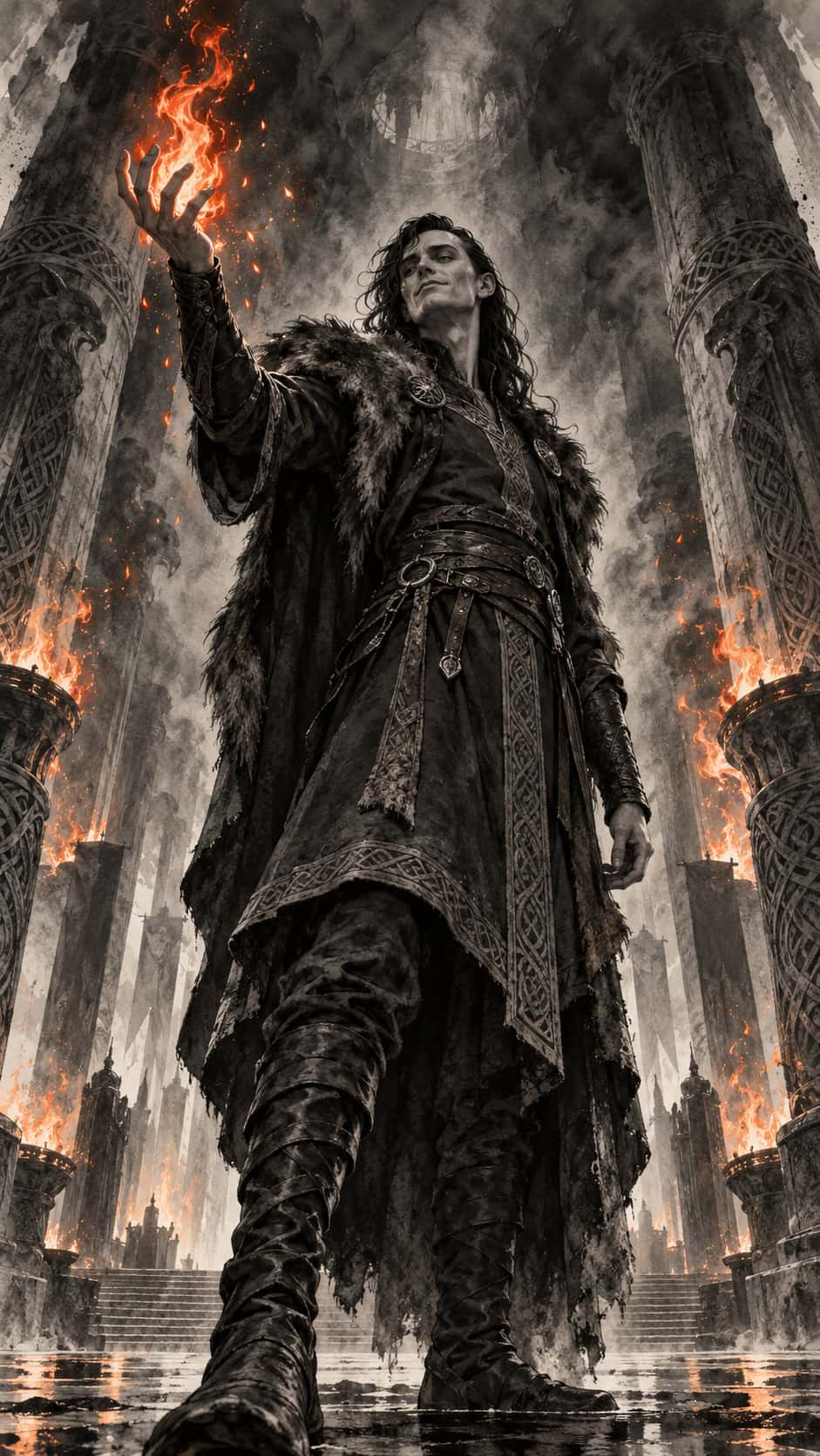 The Norse trickster god Loki stands in a hall of fire in a high-collared tunic with a small flame above his raised hand in scratchy ink and grey wash with one orange accent.
