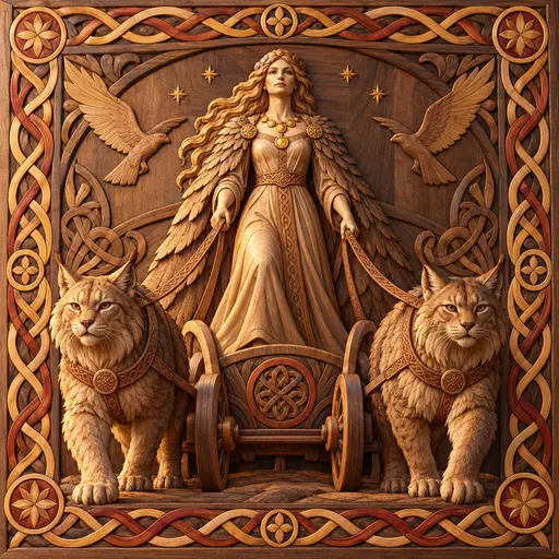 The Norse goddess Freyja in a long gown and a falcon feather cloak stands on a chariot drawn by two large cats within a knotwork border in inlaid wood.