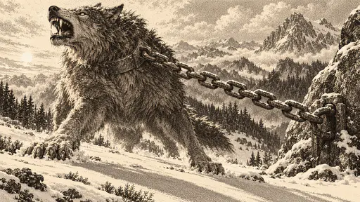 The giant Norse wolf Fenrir with thick fur and bared fangs strains against a heavy taut chain on a snowy mountainside with dark pines in dot and flick engraving.