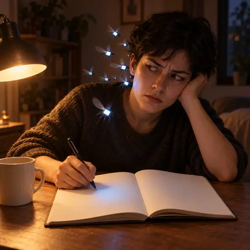 Notifications are mosquitoes. A young adult tries to read a blank notebook at a lamplit desk while tiny mosquito-like devices with glowing rectangular screen bodies and translucent wings circle one ear; the nearest casts a small distracting blue glow onto the page. Repeated small interruptions consume attention.