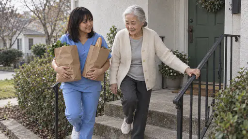 A petite woman with a full black fringe in pale blue scrubs carries two plain paper grocery bags up a short flight of front steps beside a very small silver-haired older woman in a cream cardigan who walks slowly with a hand on the rail, a green door above them in soft daylight.