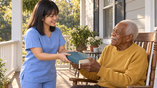 A petite woman with a full black fringe in pale blue scrubs hands a thick teal cloth-bound book with both hands to a smiling elderly man with a white moustache in a mustard sweater who sits in a rocking chair on a sunlit porch and reaches up to take it.