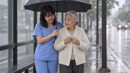 A petite woman with a full black fringe in pale blue scrubs holds a plain open umbrella over a very small silver-haired older woman in a cream cardigan who fastens her top button at a bus stop in light rain, a blurred wet street behind them in soft grey light.