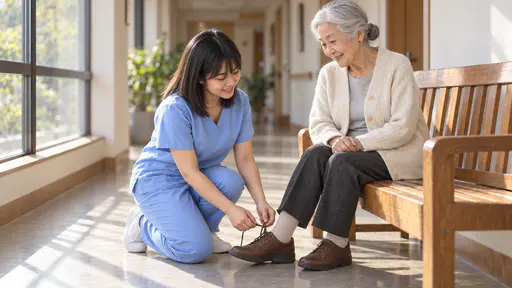 A petite woman with a full black fringe in pale blue scrubs kneels on one knee tying the laces of a brown shoe on the foot of a very small silver-haired older woman in a cream cardigan who sits smiling down at her on a wooden hallway bench in soft window light.