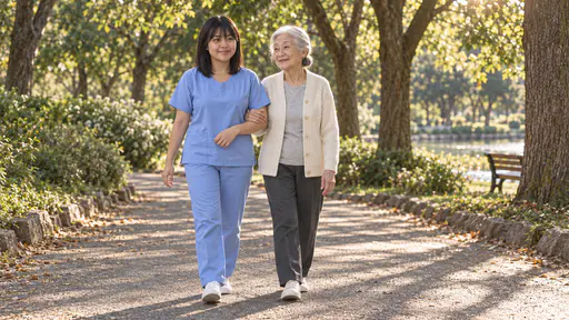 A petite woman with a full black fringe in pale blue scrubs offers her bent arm to a very small silver-haired older woman in a cream cardigan who rests her hand lightly on it as they walk slowly along a park path under trees in dappled afternoon light.