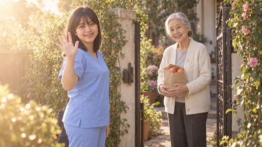 A petite woman with a full black fringe in pale blue scrubs waves goodbye at a garden gate while a very small silver-haired older woman in a cream cardigan stands inside it holding a small paper bag of fruit, both smiling, strong low sun laying a golden veil across the scene.