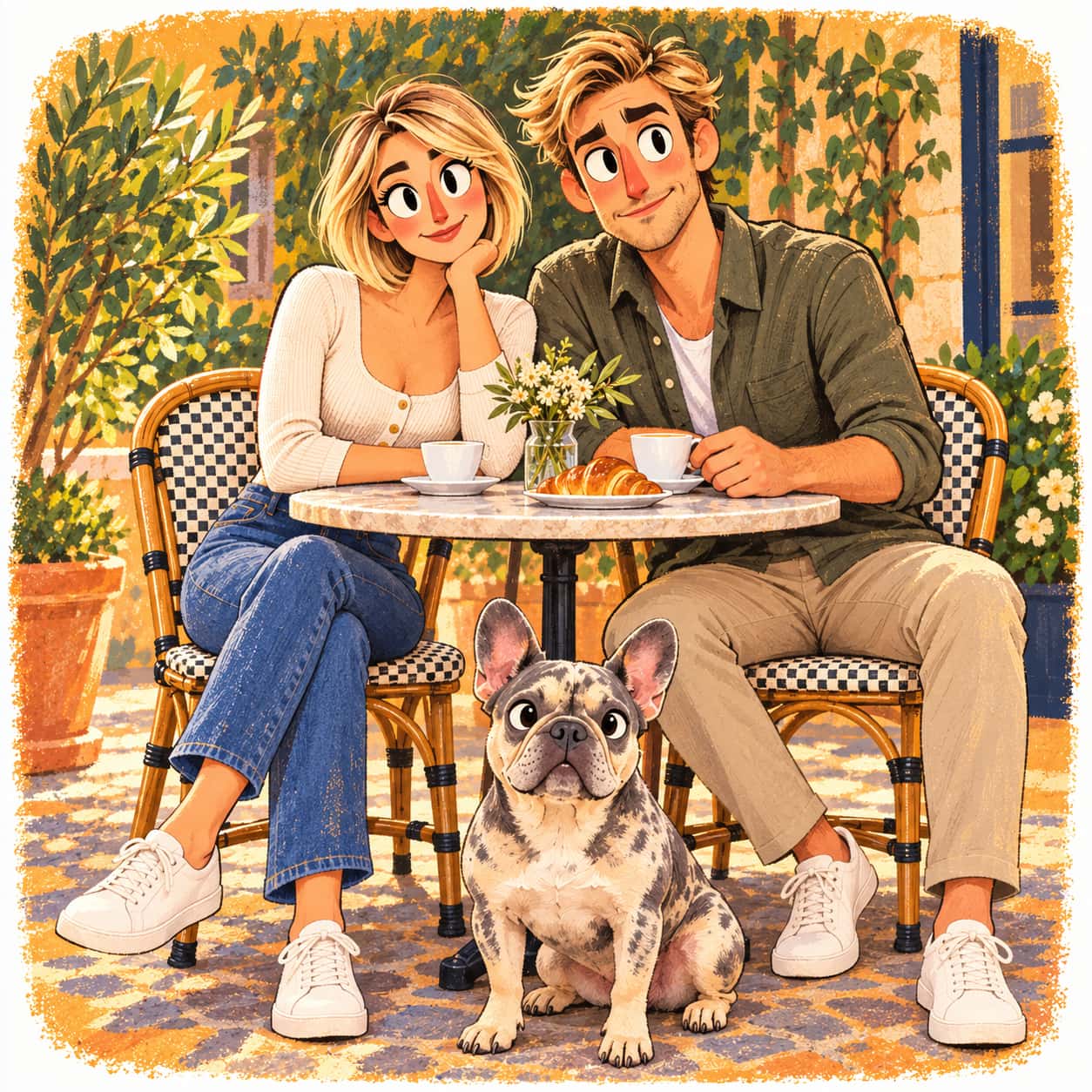 Warm textured cartoon of a blonde woman and olive-shirted man at a cafe table with a mottled dog in front.