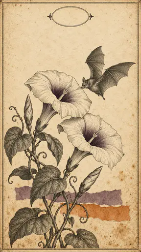 Aged parchment journal cover drawn as a copperplate engraving: a thin double rule frames the sheet, a blank oval cartouche sits at the top of a quiet title panel, and from the lower border a moonflower vine with two trumpet flowers, buds and a small hovering bat grows upward over two torn-paper strips in plum and pumpkin. Vintage Halloween journal-cover background; all label surfaces stay unlettered for typesetting.