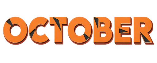The word OCTOBER in one broad line, built from stacked pumpkin-orange cut-paper letterforms with cream cut edges and one deep carved window per letter revealing a charcoal layer beneath, isolated on a transparent background as a Halloween typography asset.