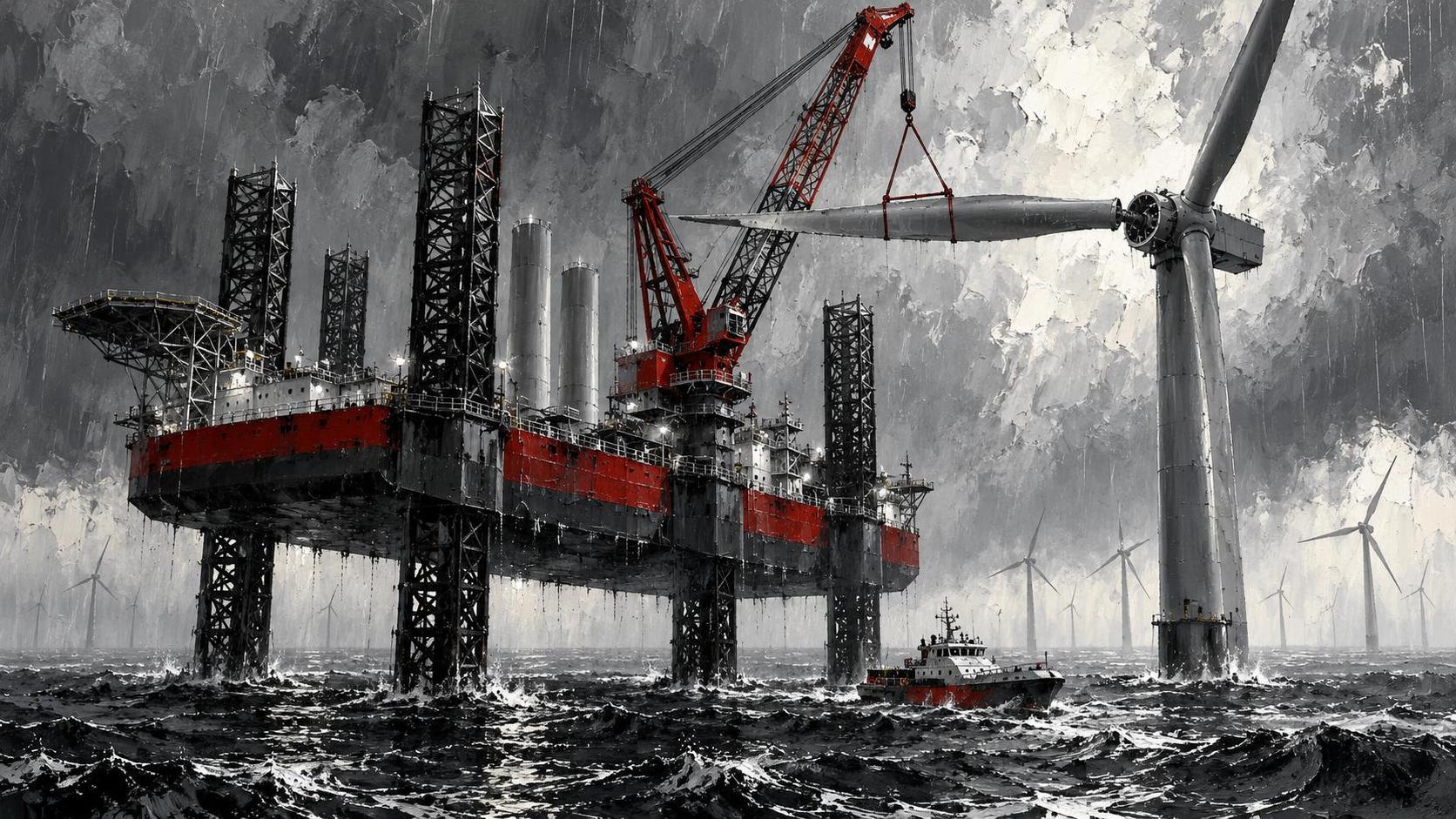 An offshore wind installation vessel with its legs lowered and a tall crane lifting a huge turbine blade toward a half-assembled tower, with finished turbines in the rain distance.