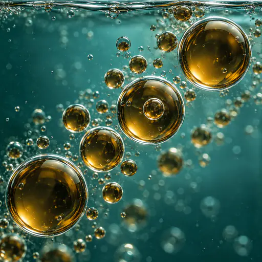 Amber oil bubbles in three sizes drifting up through teal water, the nearest sharp with bright rims, one with a small bubble inside, the water surface at the top.