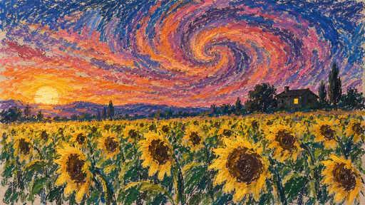 Yellow sunflowers filling the lower half toward a low sun at left, a small dark farmhouse with a lit window, a spiral sky of orange, rose and violet over deep blue.