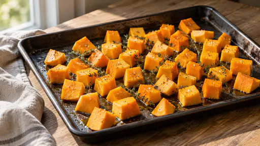 Orange butternut squash cubes lie in a single even layer on a plain dark baking tray set on a round oak board, glistening with olive oil and sprinkled with coarse salt and a few dark thyme sprigs, unbaked and ready for the oven.