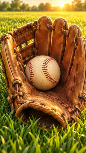 A single well worn leather baseball glove with creased brown leather and laces lies in the middle of a sunny green field of grass with a baseball in the pocket.
