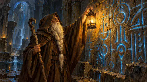 An old mage with a long braided white beard holds up a glowing lantern that casts light on ancient carved runes on a stone wall with a heavy cloak and a gnarled staff.