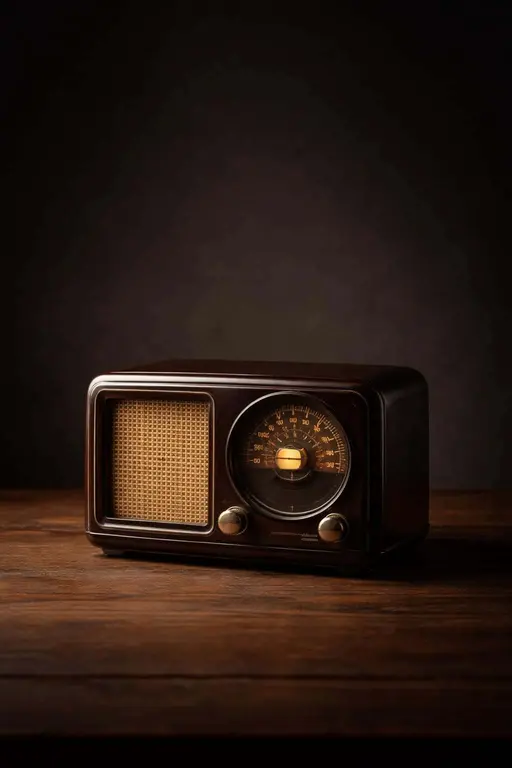 A vintage radio sits alone on a textured wooden table in a moody product-photography still life, composed for a vertical 2:3 poster-cover with low-key lighting.