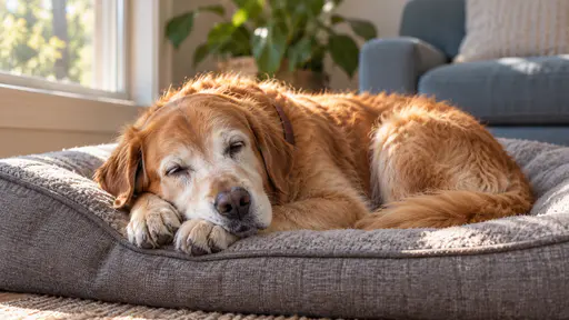 An old golden retriever with a grey-white muzzle and one folded ear sleeps curled on a thick grey dog bed beside a sunny window with her muzzle resting on her paws, a faded blue sofa and a plant behind her in soft window light.