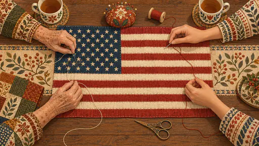 An older and a younger pair of adult hands stitch the same American flag spread across a kitchen table with a pincushion, thread and two cups of tea seen from above.