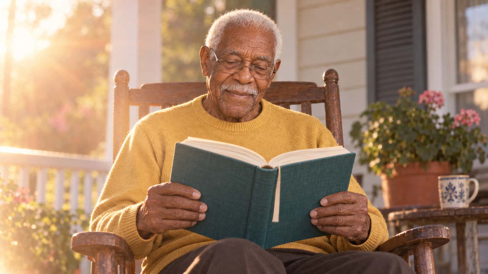 An elderly man with close-cropped white hair, a white moustache and plain reading glasses reads a thick teal cloth-bound book held open on his lap in a rocking chair, strong low sun laying a golden veil across the scene.