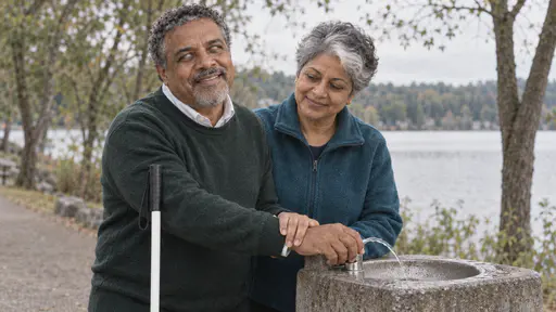 A petite older woman with short silver-grey hair in a teal fleece gently guides the hand of a stocky blind man with greying curls onto the tap of a stone drinking fountain beside a lake path, his white cane hooked over his arm, trees and the lake behind them.