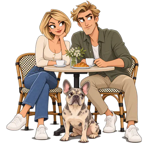 Flat-color cartoon of a couple and French bulldog at a café table with bold outlines, isolated on transparency
