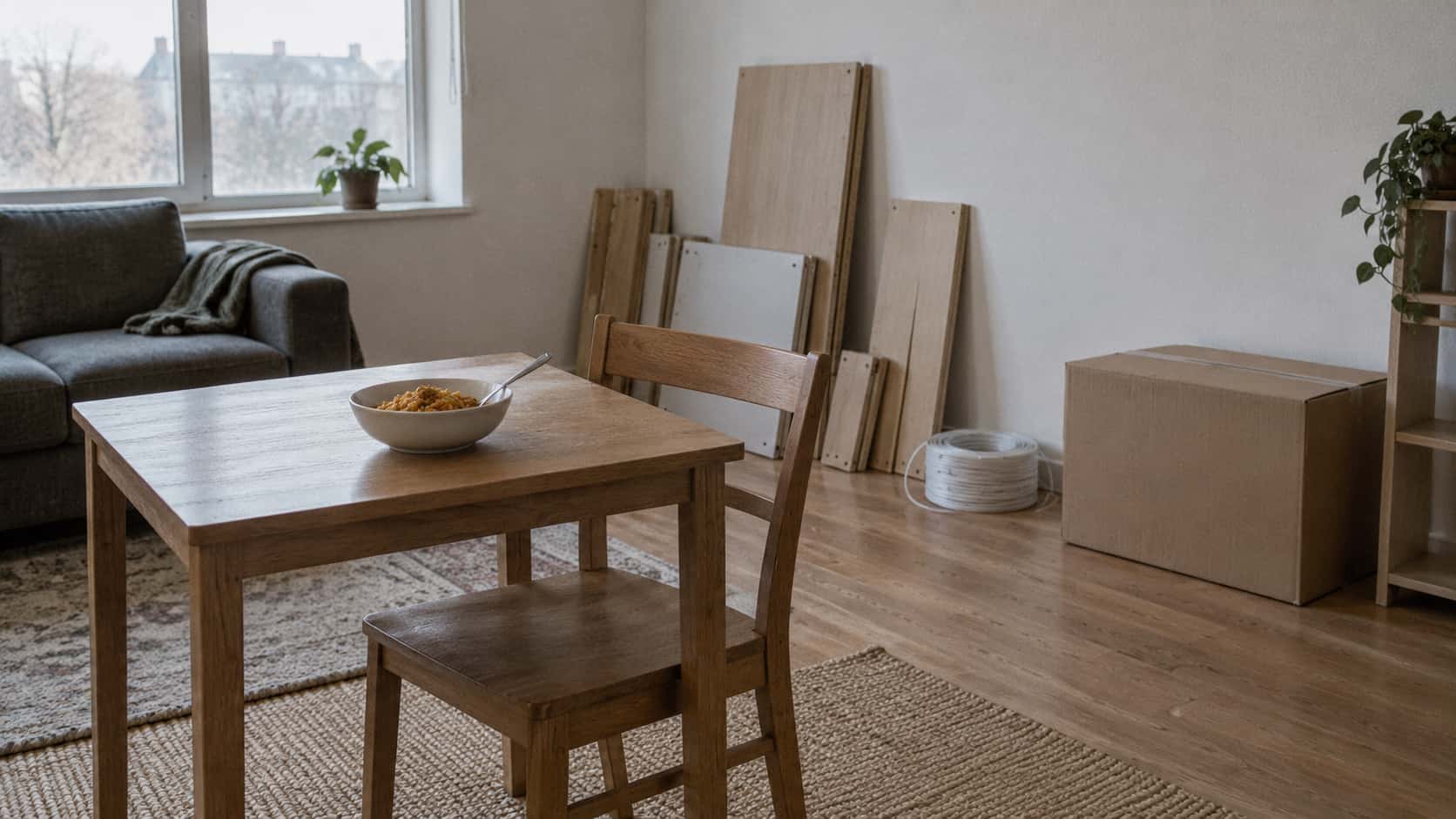 One bowl of pasta with a fork sits on a small table beside a single assembled wooden chair in a new living room with flat-packed furniture boards leaning against the wall in soft diffuse daylight.