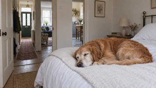 An old golden retriever lies curled asleep on the near corner of a white made bed with his chin on the folded edge of a plain blanket and a shallow hollow settled in the covers under him.