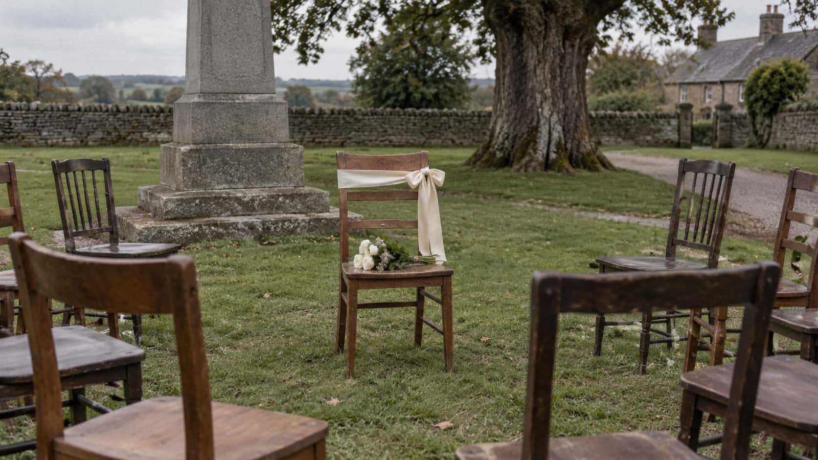 One plain wooden chair stands empty in a circle of chairs on a village green near a stone memorial with a blank cream cloth ribbon tied around its backrest and a few flower stems on its seat in flat overcast light.